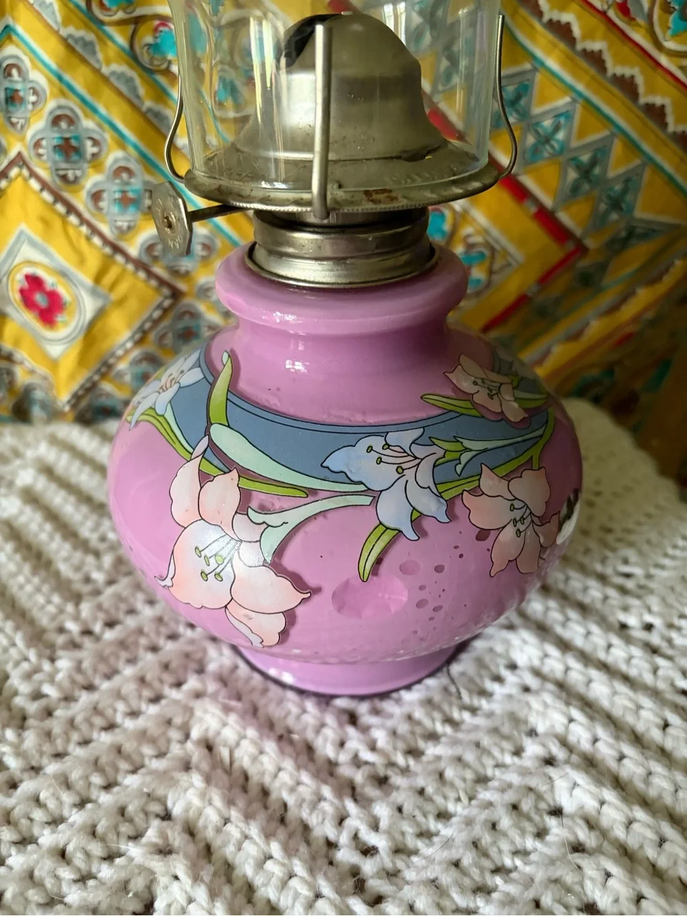 Vintage Kaadan Pink Floral Glass Oil Lamp with Chimney - Home Accent